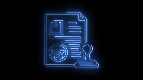 Glowing neon outline of approved document with star icon and rubber stamp on Stock Footage 330777829