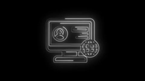Glowing neon outline computer screen displaying user profile and globe icon on Stock Footage 333959652