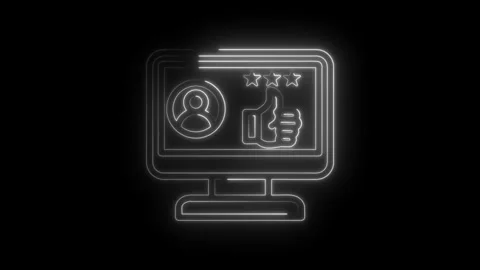 Glowing neon outline of computer screen displaying user profile icon thumbs up Stock Footage 333959985