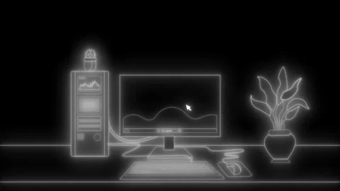 Glowing neon outline of a desktop computer setup on a desk animation Stock Footage 334764237