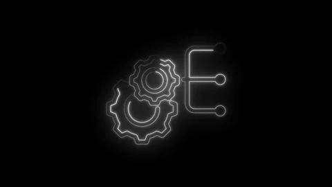 Glowing neon outline of interlocking gears and network nodes on black background Stock Footage 333953292