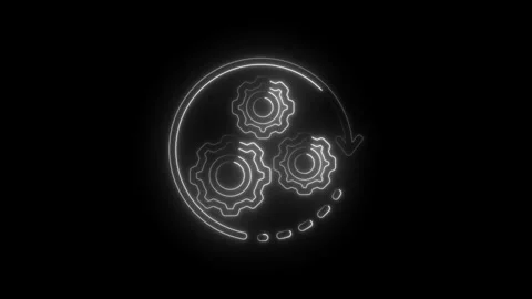 Glowing neon outline of interlocking gears within a circular arrow motion Stock Footage 333954490