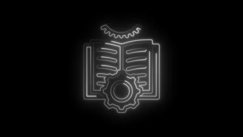 Glowing neon outline of an open book with integrated gear mechanism symbolizing Stock Footage 333952735