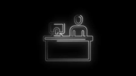 Glowing neon outline of a person at a computer desk with monitor on black Stock Footage 333961219