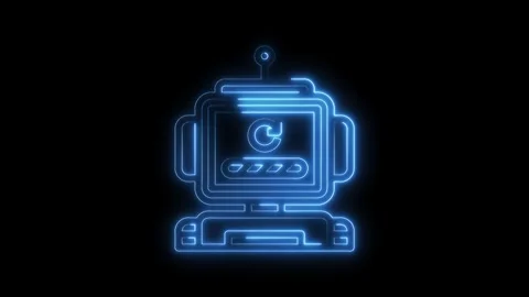 Glowing neon outline of a retro robot displaying a refresh symbol on black Stock Footage 322973626