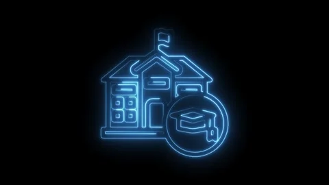 Glowing neon outline school building with graduation cap for education succ.. Vídeos de archivo 346007983
