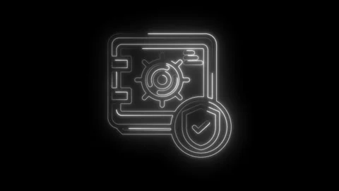 Glowing neon outline of a secure safe with a shield and checkmark icon symb.. Stock Footage 346134639