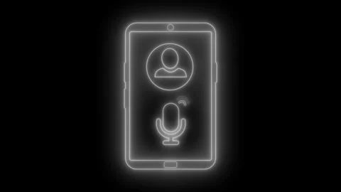 Glowing neon outline of a smartphone with a user avatar and microphone icon.. 库存影片 337079120