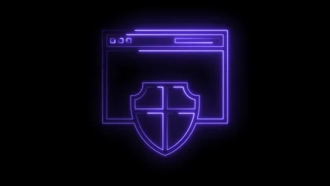 Glowing neon outline of web browser window with shield security overlay Stock Footage 322977844