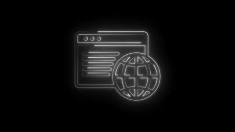Glowing neon outline of a web browser window with text lines and a globe ic.. Stock Footage 346826989