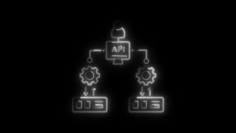 Glowing neon A P I connection icon diagram with gears and data flow on blac.. Stock Footage 314709102