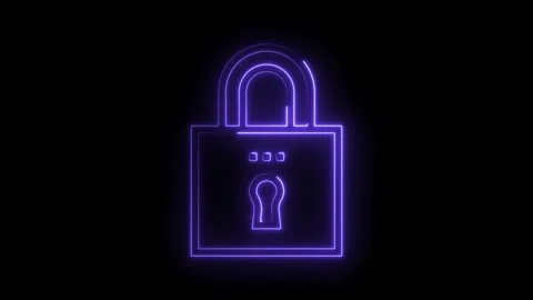 Glowing neon padlock icon animation on black background security cyber Stock Footage 322985678
