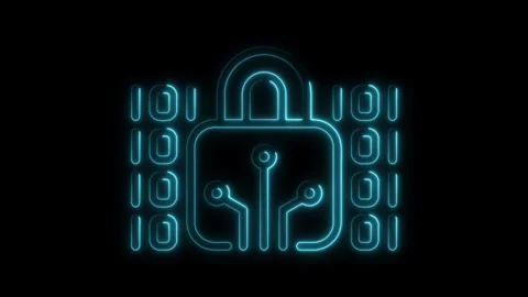 Glowing neon padlock icon with binary code data stream for security and priva Video stock 309915072