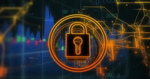 Glowing neon padlock icon hovering over dark dashboard, with candlestick charts, Stock Photos