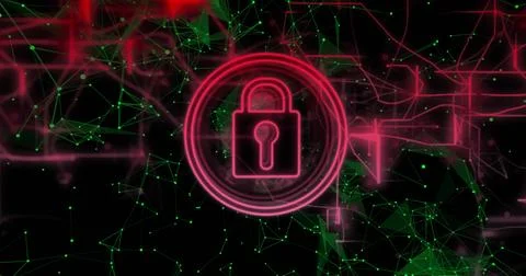 Glowing neon padlock sitting in concentric rings in cyberspace framing green Illustration