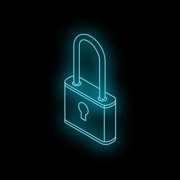 Glowing neon padlock symbolizing security on dark background 스톡 일러스트