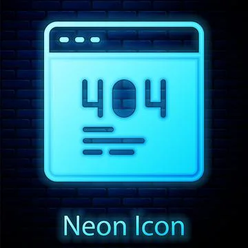 Glowing neon Page with a 404 error icon isolated on brick wall background Stock Illustration