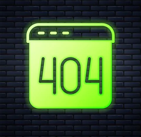 Glowing neon Page with a 404 error icon isolated on brick wall background Stock Illustration