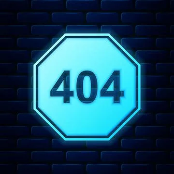 Glowing neon Page with a 404 error icon isolated on brick wall background Stock Illustration