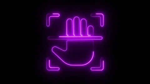 Glowing Neon Palm Scanner Icon, Symbol of Biometric Authentication and Secu.. Stockbeeldmateriaal 301183243
