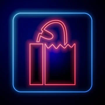 Glowing neon Paper bag with bread loaf icon isolated on black background. Vector Illustrazione stock