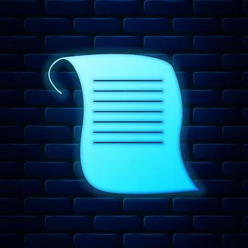 Glowing neon Paper scroll icon isolated on brick wall background. Canvas scroll Stock Illustration