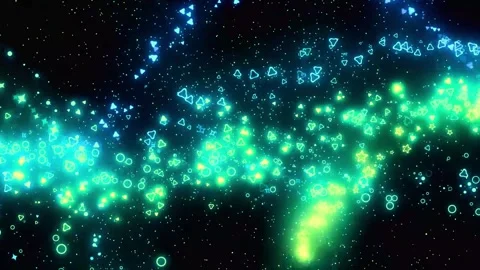 Glowing neon particles on black background. Sparkling blue and green lights Stock Footage 334311196