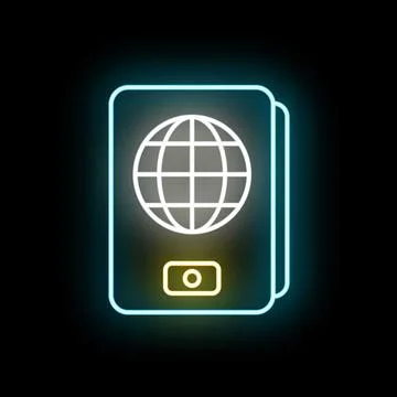Glowing neon passport document for global travel Stock Illustration