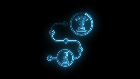 Glowing neon path from chess piece to trophy outlining strategy for success Video stock 312318593