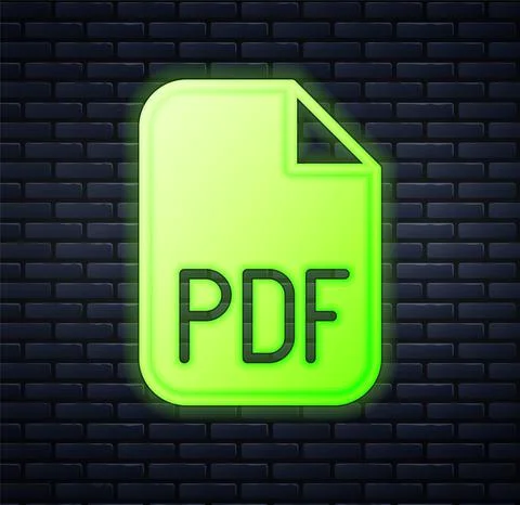 Glowing neon PDF file document. Download pdf button icon isolated on brick wall Illustrazione stock