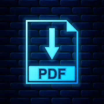Glowing neon PDF file document icon isolated on brick wall background. Download 스톡 일러스트