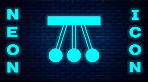 Glowing neon Pendulum icon isolated on brick wall background. Newtons cradle Stock Illustration