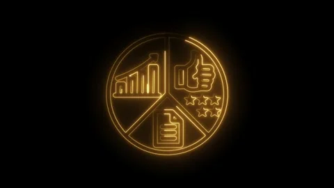 Glowing neon pie chart graphic with upward trending bar graph thumbs up ico.. Stock Footage 346103919