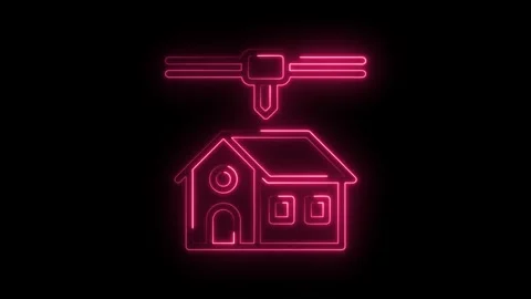 Glowing neon pink 3 D printer icon creating a house symbol on a black backg.. Stock Footage 314559193