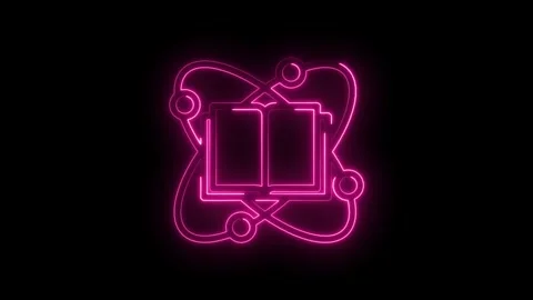 Glowing neon pink atom symbol orbiting an open book icon symbolizing knowledge Stock Footage 333962927