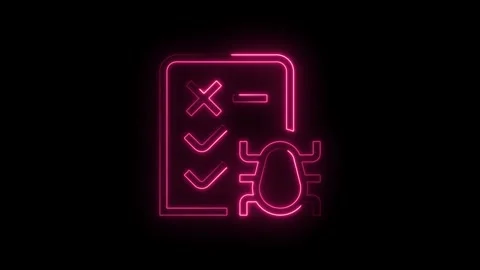 Glowing neon pink bug icon with checklist and cross symbol on transparent b.. Stockbeeldmateriaal 314552697