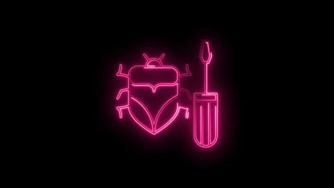 Glowing Neon Pink Bug Icon With Screwdriver Isolated On Black Background Te.. Stock Footage 315499066