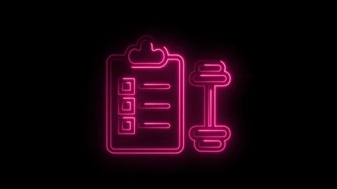 Glowing neon pink checklist icon with dumbbell on black background represen.. Stock Footage 314573389