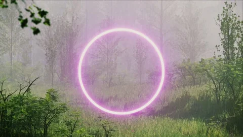 Glowing Neon Pink Circle Light in the Rainy Forest Stock Footage 161154230