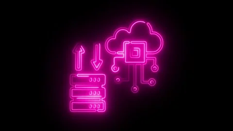 Glowing neon pink cloud computing data transfer icon with server stack and .. Stock Footage 314712819