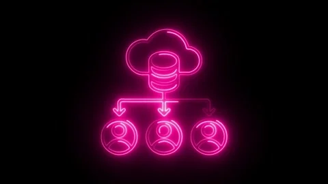 Glowing neon pink cloud database icon distributing data to three user profi.. Stock Footage 314711954