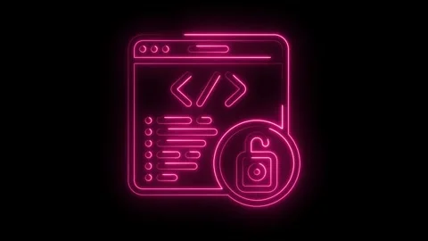 Glowing neon pink code window icon with unlocked padlock symbol on transpar.. Stock Footage 314559253
