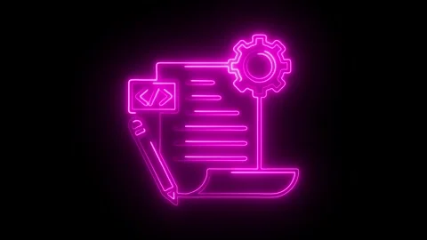 Glowing neon pink coding document with pencil and gear icon on black backgr.. Stock Footage 314712970