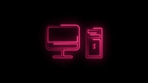 Glowing neon pink computer desktop icon with monitor and tower on black bac.. Stock Footage 315495759