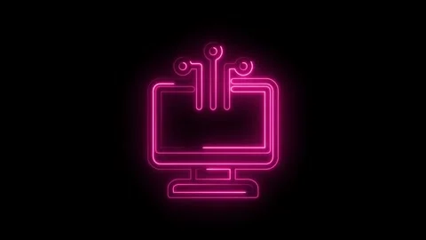 Glowing neon pink computer icon with circuit board elements and data flow lines Stock Footage 333961933