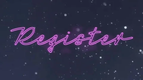 Glowing neon pink cursive Register text floating over starry background in flat Stock Footage 308676369