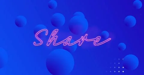 Glowing neon pink cursive Share hovering over blue gradient backdrop with 3D Ilustração Stock