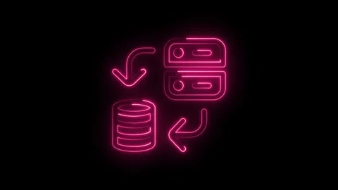 Glowing neon pink database server icon with circular arrows indicating data.. Stock Footage 314552630