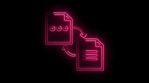 Glowing neon pink document transfer icon with circular arrows on black back.. Stock Footage 314574083