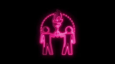 Glowing Neon Pink Figures Sharing Torch Symbol Isolated Black Background Te.. Stock Footage 315656300